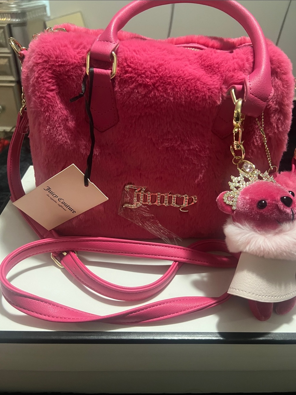 Juicy Couture Vibrant Pink Faux Fur Satchel with Charm